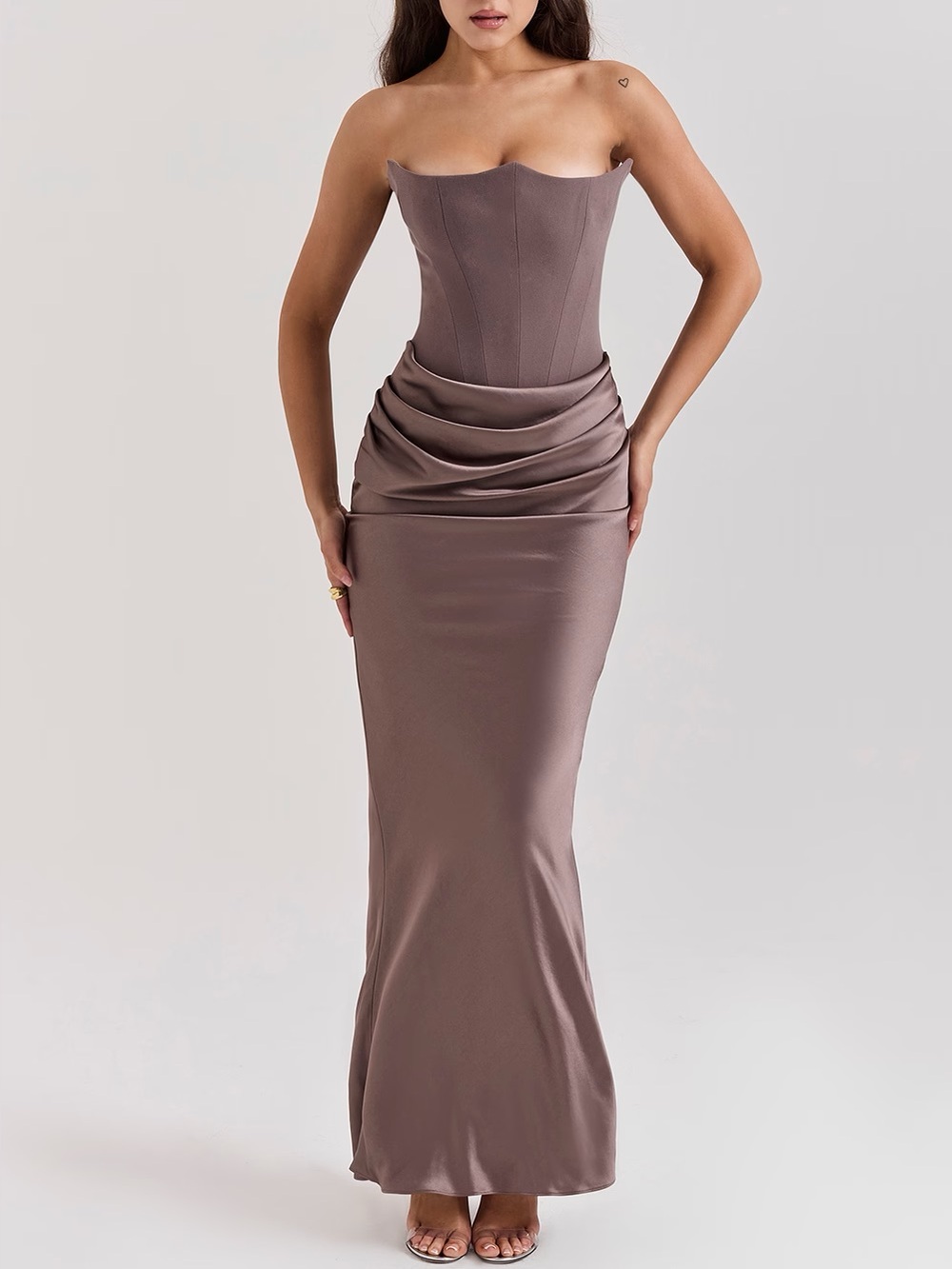 NWT House of CB Taupe Strapless Corset Satin Gown Persephone Dress